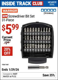 Harbor Freight ITC Coupon WARRIOR SCREWDRIVER BIT SET, 31-PIECE Lot No. 71087 Valid Thru: 1/29/26 - $5.99