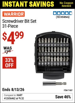 Harbor Freight Coupon WARRIOR SCREWDRIVER BIT SET, 31-PIECE Lot No. 71087 Valid Thru: 8/13/26 - $4.99