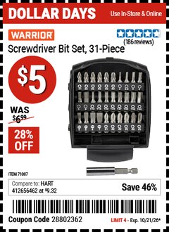 Harbor Freight Coupon WARRIOR SCREWDRIVER BIT SET, 31-PIECE Lot No. 71087 Valid Thru: 10/21/26 - $5