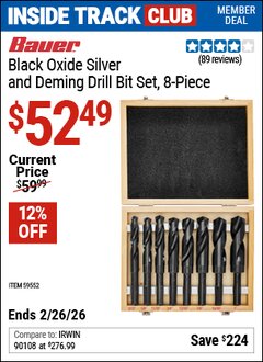 Harbor Freight Coupon BAUER BLACK OXIDE SILVER AND DEMING DRILL BIT SET, 8-PIECE Lot No. 59552 Valid: 12/31/69 - 2/26/26 - $52.49
