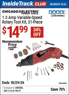 Harbor Freight ITC Coupon CHICAGO ELECTRIC POWER TOOLS 1.3 AMP VARIABLE-SPEED ROTARY TOOL KIT, 31-PIECE Lot No. 68696 Valid Thru: 10/29/26 - $14.99