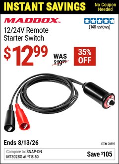 Harbor Freight Coupon MADDOX 12/24V REMOTE STARTER SWITCH Lot No. 70597 Valid Thru: 8/13/26 - $12.99