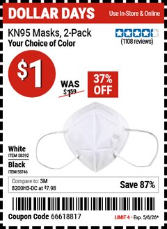 Harbor Freight Coupon KN95 MASKS, 2-PACK Lot No. 58392/58746 Expired: 5/6/26 - $1