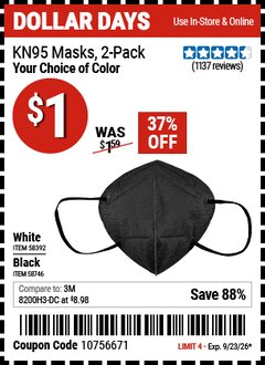 Harbor Freight Coupon KN95 MASKS, 2-PACK Lot No. 58392/58746 Valid Thru: 9/23/26 - $1