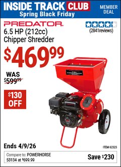 Harbor Freight ITC Coupon PREDATOR 6.5 HP (212CC) CHIPPER SHREDDER Lot No. 62323 Expired: 4/9/26 - $469.99