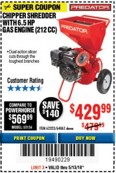 Harbor Freight Coupon CHIPPER/SHREDDER WITH 6.5 HP GAS ENGINE (212 CC) Lot No. 62323/64062 Expired: 5/13/18 - $429.99