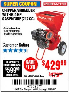 Harbor Freight Coupon PREDATOR 6.5 HP (212CC) CHIPPER SHREDDER Lot No. 62323 Expired: 8/20/18 - $429.99