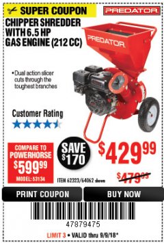 Harbor Freight Coupon PREDATOR 6.5 HP (212CC) CHIPPER SHREDDER Lot No. 62323 Expired: 9/9/18 - $429.99