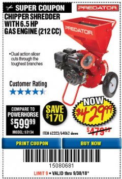 Harbor Freight Coupon PREDATOR 6.5 HP (212CC) CHIPPER SHREDDER Lot No. 62323 Expired: 9/30/18 - $429.99