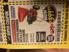 Harbor Freight Coupon CHIPPER/SHREDDER WITH 6.5 HP GAS ENGINE (212 CC) Lot No. 62323/64062 Expired: 10/31/18 - $399