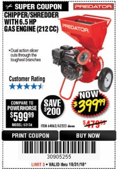 Harbor Freight Coupon CHIPPER/SHREDDER WITH 6.5 HP GAS ENGINE (212 CC) Lot No. 62323/64062 Expired: 10/31/18 - $399.99