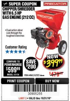 Harbor Freight Coupon PREDATOR 6.5 HP (212CC) CHIPPER SHREDDER Lot No. 62323 Expired: 10/31/18 - $399.99