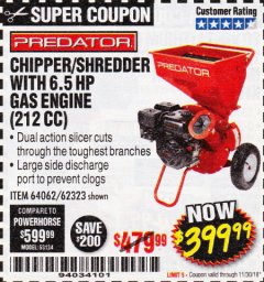 Harbor Freight Coupon CHIPPER/SHREDDER WITH 6.5 HP GAS ENGINE (212 CC) Lot No. 62323/64062 Expired: 11/30/18 - $399.99