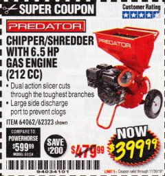 Harbor Freight Coupon PREDATOR 6.5 HP (212CC) CHIPPER SHREDDER Lot No. 62323 Expired: 11/30/18 - $399.99