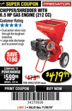 Harbor Freight Coupon CHIPPER/SHREDDER WITH 6.5 HP GAS ENGINE (212 CC) Lot No. 62323/64062 Expired: 11/30/18 - $149.99