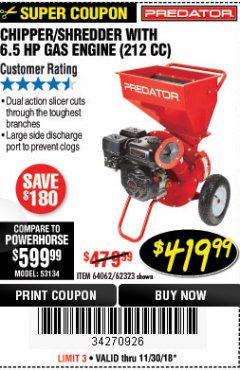Harbor Freight Coupon PREDATOR 6.5 HP (212CC) CHIPPER SHREDDER Lot No. 62323 Expired: 11/30/18 - $149.99
