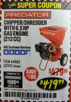 Harbor Freight Coupon PREDATOR 6.5 HP (212CC) CHIPPER SHREDDER Lot No. 62323 Expired: 12/31/18 - $419.99