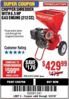 Harbor Freight Coupon PREDATOR 6.5 HP (212CC) CHIPPER SHREDDER Lot No. 62323 Expired: 12/3/18 - $429.99