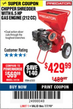 Harbor Freight Coupon PREDATOR 6.5 HP (212CC) CHIPPER SHREDDER Lot No. 62323 Expired: 7/7/19 - $429.99