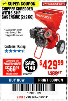 Harbor Freight Coupon CHIPPER/SHREDDER WITH 6.5 HP GAS ENGINE (212 CC) Lot No. 62323/64062 Expired: 10/6/19 - $429.99