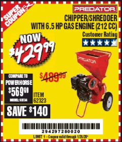 Harbor Freight Coupon PREDATOR 6.5 HP (212CC) CHIPPER SHREDDER Lot No. 62323 Expired: 1/25/20 - $429.99