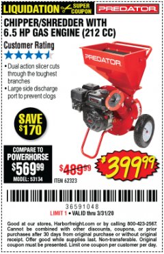 Harbor Freight Coupon CHIPPER/SHREDDER WITH 6.5 HP GAS ENGINE (212 CC) Lot No. 62323/64062 Expired: 3/31/20 - $399.99