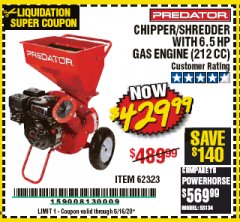 Harbor Freight Coupon PREDATOR 6.5 HP (212CC) CHIPPER SHREDDER Lot No. 62323 Expired: 6/30/20 - $429.99
