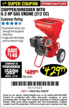 Harbor Freight Coupon CHIPPER/SHREDDER WITH 6.5 HP GAS ENGINE (212 CC) Lot No. 62323/64062 Expired: 6/30/20 - $429.99