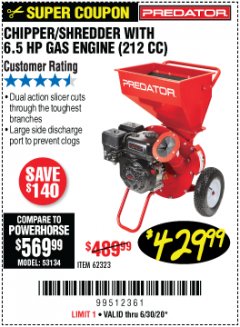 Harbor Freight Coupon PREDATOR 6.5 HP (212CC) CHIPPER SHREDDER Lot No. 62323 Expired: 6/30/20 - $429.99