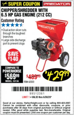 Harbor Freight Coupon CHIPPER/SHREDDER WITH 6.5 HP GAS ENGINE (212 CC) Lot No. 62323/64062 Expired: 6/30/20 - $429.99