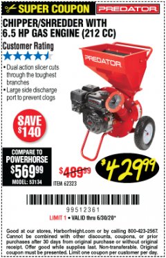 Harbor Freight Coupon PREDATOR 6.5 HP (212CC) CHIPPER SHREDDER Lot No. 62323 Expired: 6/30/20 - $429.99