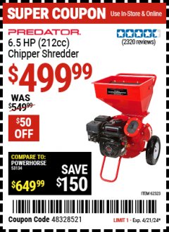 Harbor Freight Coupon CHIPPER/SHREDDER WITH 6.5 HP GAS ENGINE (212 CC) Lot No. 62323/64062 Expired: 4/21/24 - $499.99