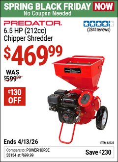 Harbor Freight Coupon PREDATOR 6.5 HP (212CC) CHIPPER SHREDDER Lot No. 62323 Expired: 4/12/26 - $469.99