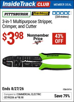 Harbor Freight ITC Coupon PITTSBURGH 3-IN-1 MULTIPURPOSE STRIPPER, CRIMPER, AND CUTTER Lot No. 59714 Valid Thru: 8/27/26 - $3.98
