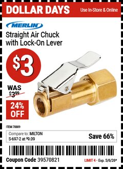 Harbor Freight Coupon MERLIN STRAIGHT AIR CHUCK WITH LOCK-ON LEVER Lot No. 70809 Expired: 5/6/26 - $3