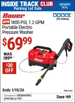 Harbor Freight ITC Coupon BAUER 1800 PSI, 1.2 GPM PORTABLE ELECTRIC PRESSURE WASHER Lot No. 70139 Expired: 1/15/26 - $69.99
