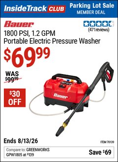 Harbor Freight ITC Coupon BAUER 1800 PSI, 1.2 GPM PORTABLE ELECTRIC PRESSURE WASHER Lot No. 70139 Valid Thru: 8/13/26 - $69.99