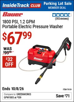 Harbor Freight ITC Coupon BAUER 1800 PSI, 1.2 GPM PORTABLE ELECTRIC PRESSURE WASHER Lot No. 70139 Expired: 10/8/26 - $67.99