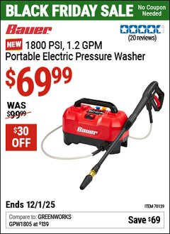 Harbor Freight Coupon BAUER 1800 PSI, 1.2 GPM PORTABLE ELECTRIC PRESSURE WASHER Lot No. 70139 Expired: 12/1/25 - $69.99