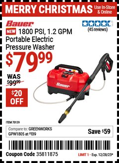 Harbor Freight Coupon BAUER 1800 PSI, 1.2 GPM PORTABLE ELECTRIC PRESSURE WASHER Lot No. 70139 Valid Thru: 12/28/25 - $79.99