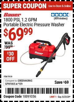 Harbor Freight Coupon BAUER 1800 PSI, 1.2 GPM PORTABLE ELECTRIC PRESSURE WASHER Lot No. 70139 Expired: 8/23/26 - $69.99