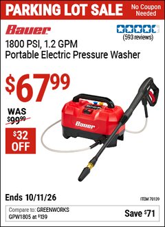 Harbor Freight Coupon BAUER 1800 PSI, 1.2 GPM PORTABLE ELECTRIC PRESSURE WASHER Lot No. 70139 Expired: 10/11/26 - $67.99