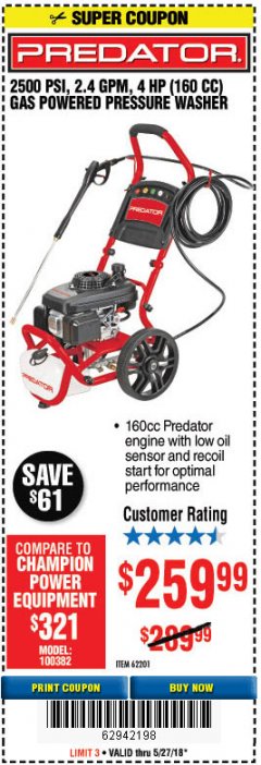 Harbor Freight Coupon 2500 PSI, 2.4 GPM 4 HP (160 CC) PRESSURE WASHER Lot No. 62201 Expired: 5/27/18 - $259.99