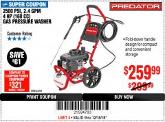 Harbor Freight Coupon 2500 PSI, 2.4 GPM 4 HP (160 CC) PRESSURE WASHER Lot No. 62201 Expired: 12/16/18 - $259.99
