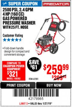 Harbor Freight Coupon 2500 PSI, 2.4 GPM 4 HP (160 CC) PRESSURE WASHER Lot No. 62201 Expired: 1/27/19 - $259.99