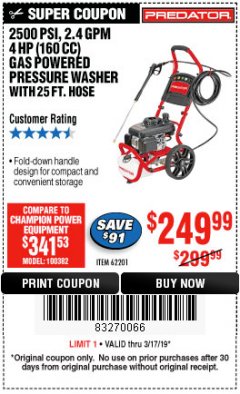 Harbor Freight Coupon 2500 PSI, 2.4 GPM 4 HP (160 CC) PRESSURE WASHER Lot No. 62201 Expired: 3/17/19 - $249.99