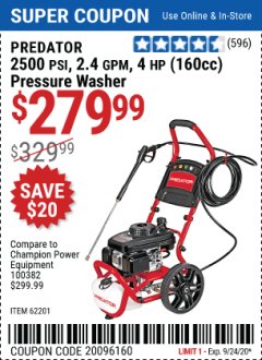 Harbor Freight Coupon 2500 PSI, 2.4 GPM 4 HP (160 CC) PRESSURE WASHER Lot No. 62201 Expired: 9/24/20 - $279.99