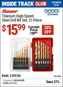 Harbor Freight ITC Coupon BAUER TITANIUM HIGH-SPEED STEEL DRILL BIT SET, 21-PIECE Lot No. 70858 Valid Thru: 1/29/26 - $15.99