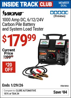 Harbor Freight ITC Coupon VIKING 1000 AMP DC, 6/12/24V CARBON PILE BATTERY AND SYSTEM LOAD TESTER Lot No. 58933 Valid Thru: 1/29/26 - $179.99