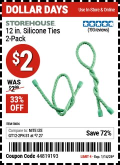 Harbor Freight Coupon STOREHOUSE 12 IN. SILICONE TIES, 2-PACK Lot No. 58036 Valid Thru: 1/14/26 - $2